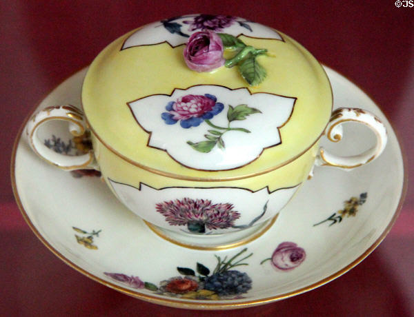 Porcelain bowl, cover & stand (c1745) with floral design by Meissen Porcelain Manuf. of Germany at National Museum of Wales. Cardiff, Wales.