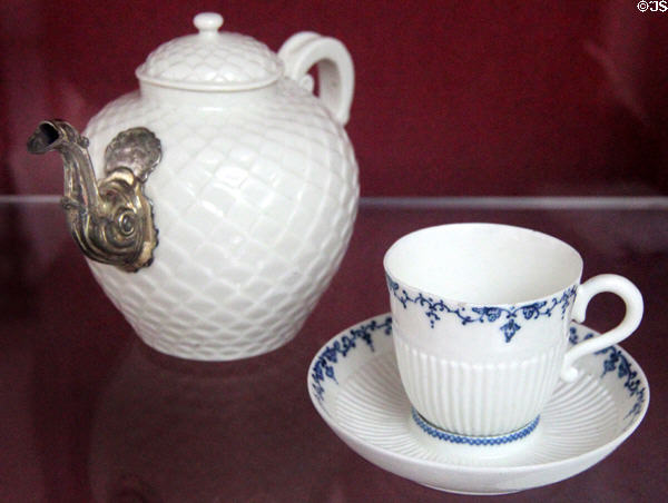 Porcelain teapot with silver gilt spout & porcelain cup & saucer (c1725-1740) by Saint-Cloud of Paris at National Museum of Wales. Cardiff, Wales.