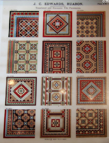 Arrays of ornamental tiles made from Welsh clay from J.C. Edwards Ltd. in Ruabon Denbighshire in Pierhead building at Cardiff Bay. Cardiff, Wales.