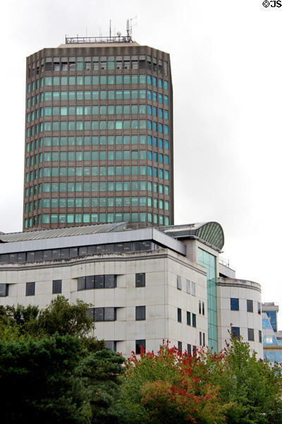 Modern buildings viewed from Cathays Park area of Cardiff. Cardiff, Wales.
