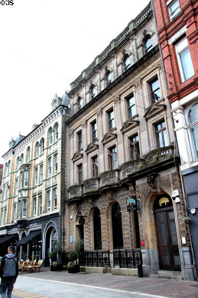 Row of heritage buildings on pedestrian mall in Cardiff City Centre. Cardiff, Wales.