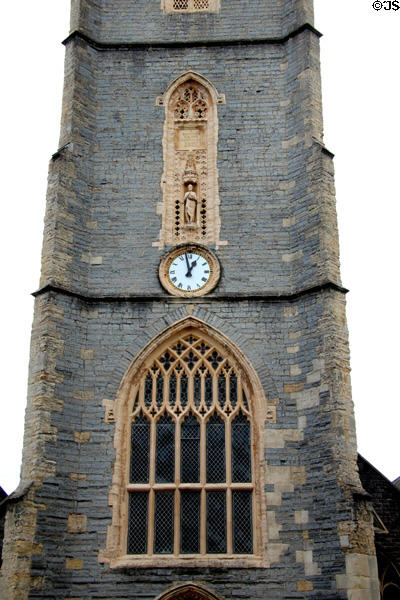 Perpendicular tower (14thC) of St John the Baptist Church in Cardiff City Centre. Cardiff, Wales.