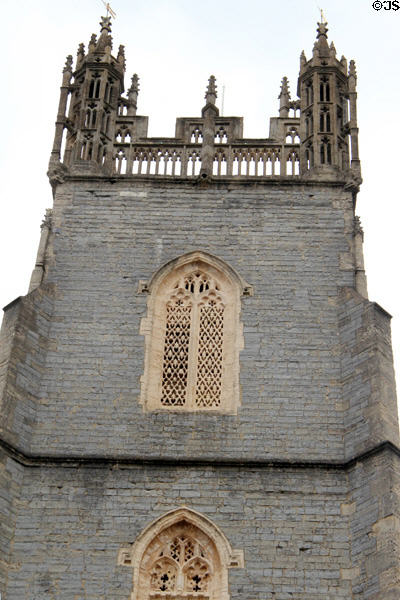 Perpendicular tower surmounted with open gothic pinnacles of St John the Baptist Church in Cardiff City Centre. Cardiff, Wales.
