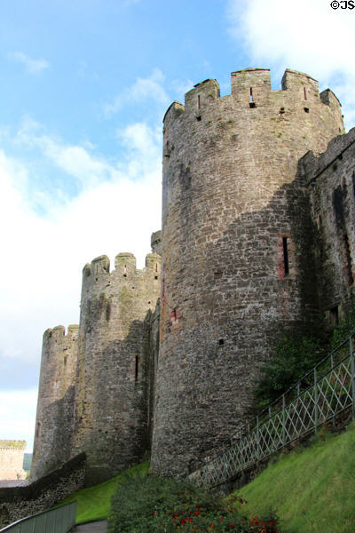 Three of the perfectly round towers of Conwy Castle. Conwy, Wales.