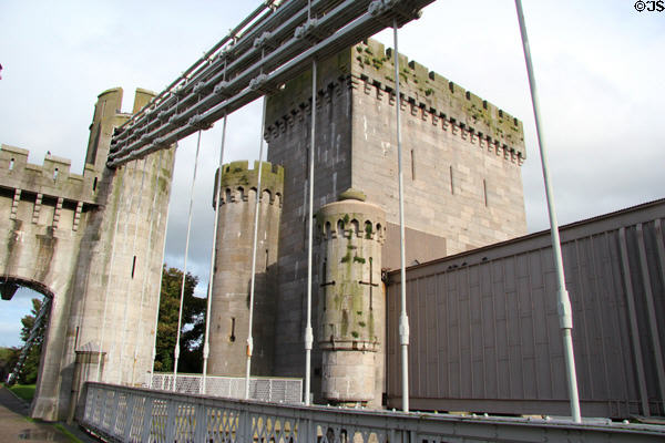 Telford's suspension bridge & Stephenson's tubular railway bridge side by side. Conwy, Wales.