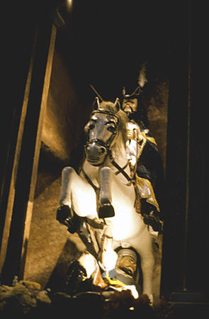 Conquistador statue inside Dominican Church in Pomata. Peru.