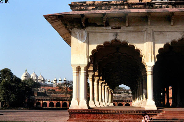 Long columned passage inside Red Fort, Agra. India.
