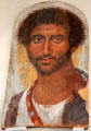 Mummy portrait of officer with sword belt from Fayum, Egypt at Altes Museum. Berlin, Germany.