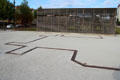 Bernauer Straße Berlin Wall Memorial marks destroyed buildings in outlines on ground. Berlin, Germany.