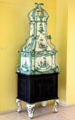 Ceramic room oven with cast iron fire box painted with Rococo chinoiseries based on Chinese models c1780 from Hasselburg Castle at Schleswig Holstein State Museum. Schleswig, Germany.