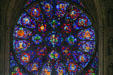 Virgin & child stained glass rose window in Cathedral. Reims, France.