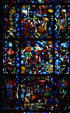 Champagne production stained glass window by Jacques Simon in Cathedral. Reims, France.