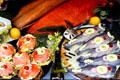 Prepared gourmet fish in seafood store. Paris, France.