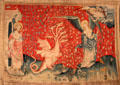 Woman is given wings from Apocalypse Tapestry at Angers Chateau. Angers, France.