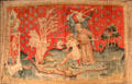Dragon fights servants of God from Apocalypse Tapestry at Angers Chateau. Angers, France.