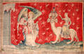 Whore mounted on Beast from Apocalypse Tapestry at Angers Chateau. Angers, France.