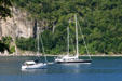 Yachts moored in bay of Deshaies. Deshaies, Guadeloupe.