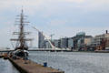Jeanie Johnstone Tall Ship docked on River Liffey with Samuel Beckett Bridge beyond. Dublin, Ireland.