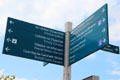 Dublin Docklands bilingual English & Irish directional sign points to attractions. Dublin, Ireland.