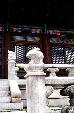 Railings of Ch'angdokkung Palace steps decorated with sculpted rabbits, Seoul. South Korea.