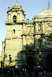 The bell tower & thick stone walls of Cathedral in Oaxaca. Mexico.
