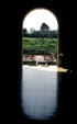 Observatory or Caracol at Chichén Itzá seen from Mayaland Lodge lobby in Yucatan. Mexico.