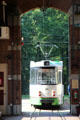 Tram 631 with pantograph poised to enter barn at Arnhem Openlucht Museum. Arnhem, Netherlands.