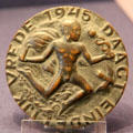 Liberation commemorative medal, made in secret, symbolizing Dutch resistance movement during WWII die for medals made by Pieter Starreveld at Teylers Museum. Haarlem, Netherlands.
