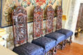 New Dining Room side chairs with ornately carved backs & blue damask seats. Het Loo, Netherlands.