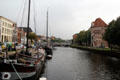 Historic Zwoll, capital of Overijssel & once part of the Hanseatic League, with pleasure boats on the Stadsgracht which surrounds the historic part of the city. Zwolle, Netherlands
