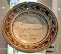 Stoneware dish with Dutch script in the center ANNO Stadsmuseum Zwolle. Zwolle, Netherlands.