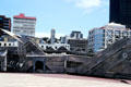Wellington Civic Square with a wooden whale sculpture. Wellington, New Zealand.
