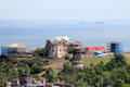 Calton Hill monuments including City Observatory & round Dugald Stewart memorial. Edinburgh, Scotland.