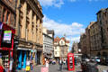 High Street looking to John Knox House in middle projecting across sidewalk. Edinburgh, Scotland.