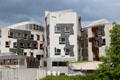 Dynamic skater abstract theme on walls of Scottish Parliament. Edinburgh, Scotland.