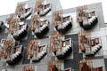 Zigzag crow steps gable shapes with stave screens, one theme of Scottish Parliament architecture. Edinburgh, Scotland.