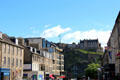 View down Castle Street to Edinburgh Castle. Edinburgh, Scotland.