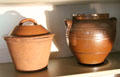 Ceramic covered jar & crock in kitchen at Georgian House museum. Edinburgh, Scotland.
