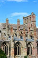 Flying buttresses with sculptures at Melrose Abbey. Melrose, Scotland.
