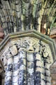 Carvings on chapter house column at Elgin Cathedral. Elgin, Scotland.