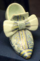 English delftware fancy shoe which were typically purchased to celebrate a happy life event, made in Brislington at Bristol Museum & Art Gallery. Bristol, England.