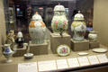 Display of Bristol pottery , with floral design cistern as center piece, from Ring & Co & Bristol Pottery, at Bristol Museum & Art Gallery. Bristol, England.