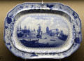 Blue & white ceramic platter, part of River Avon dinnerware series & an example of underglaze transfer-printing, predominately used in England, showing Bristol port scene, made by Bristol Pottery at Bristol Museum & Art Gallery. Bristol, England.