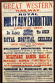 GWR poster advertising trains to Chelsea for Royal Military Exhibition held Summer 1890 at STEAM Museum of Great Western Railway. Swindon, England.