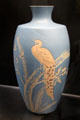Salopian vase incised with peacock on light blue background by Benthall Pottery at Jackfield Tile Museum. Ironbridge, England.