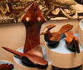Seri ironwood carvings of figure, ray, roadrunner & bird from Northwest Mexico at Arizona State Museum. Tucson, AZ.