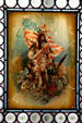 Lithographed parchment on window shows Indian maid with U.S. flag at Lightner Museum. St Augustine, FL.