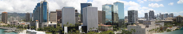 Panorama of downtown Honolulu from Aloha Tower observation deck.