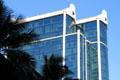 Blue glass facade of Harbor Court. Honolulu, HI.