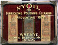 Whale oil NyOil for lubricating, polishing, cleaning & preventing rust at New Bedford Whaling Museum. New Bedford, MA.